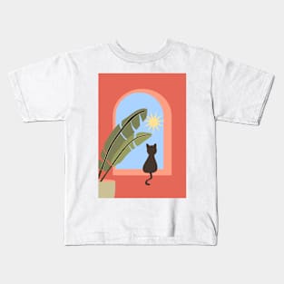 Cat in tropical window scene Kids T-Shirt